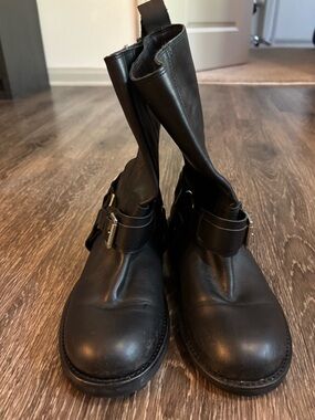 Black Leather Mid-Calf Buckle Boots